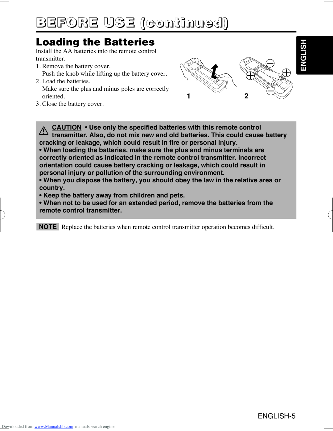 Hitachi CP-X995W user manual Loading the Batteries, BEFORE USE continued, English, ENGLISH-5 