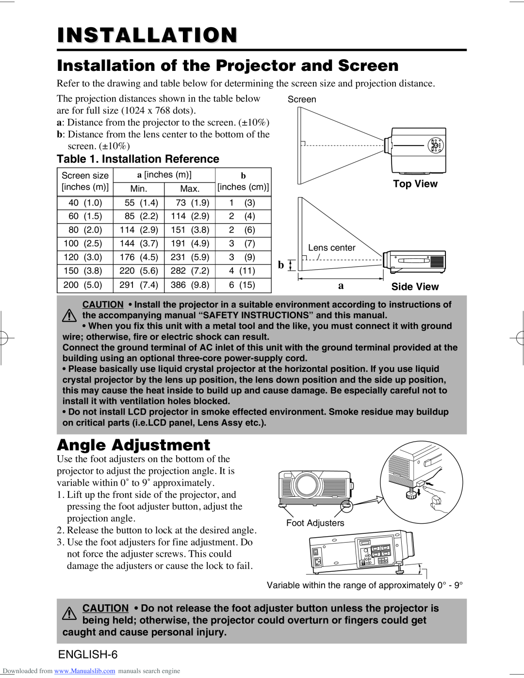 Hitachi CP-X995W user manual Installation of the Projector and Screen, Angle Adjustment, Installation Reference 