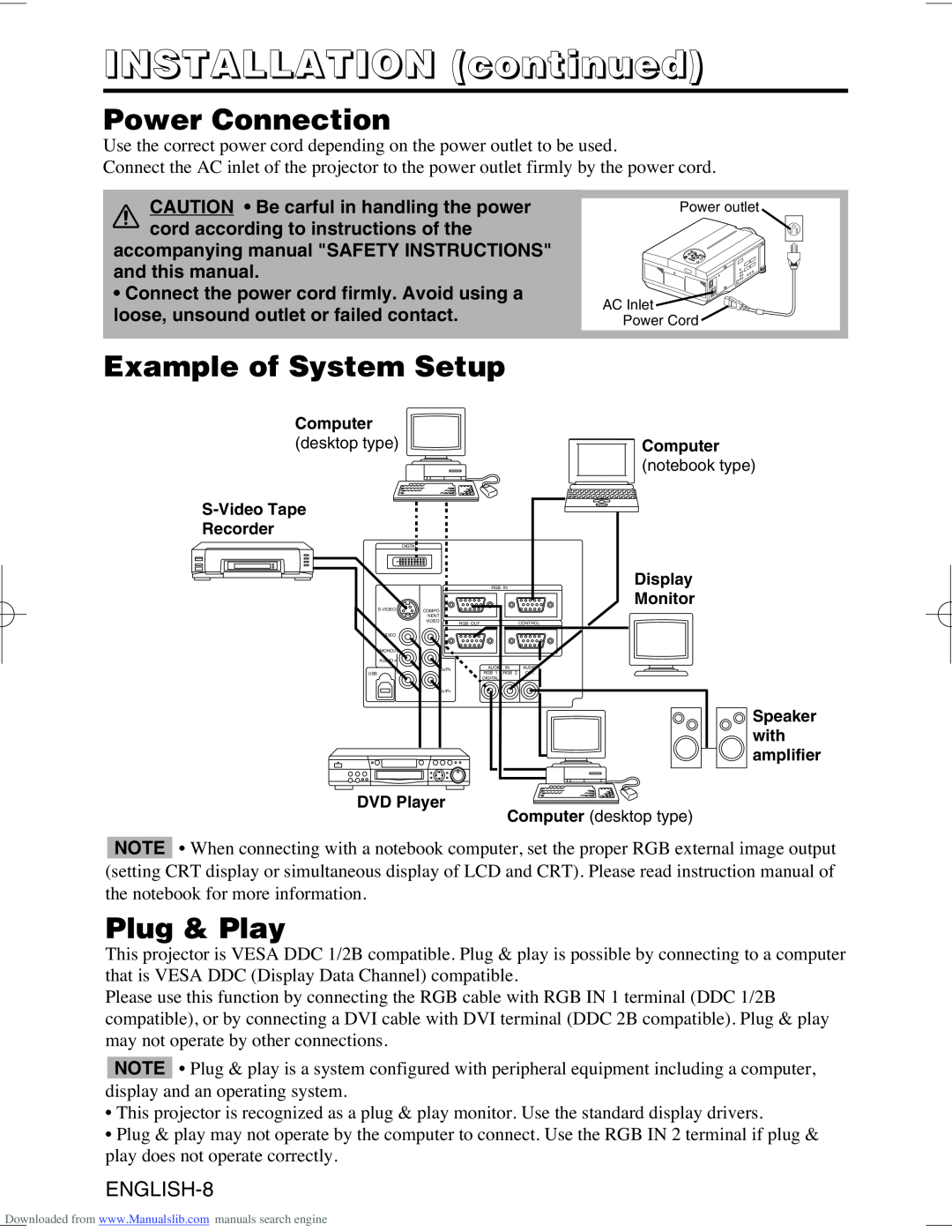 Hitachi CP-X995W user manual Power Connection, Example of System Setup, Plug & Play, INSTALLATION continued, ENGLISH-8 