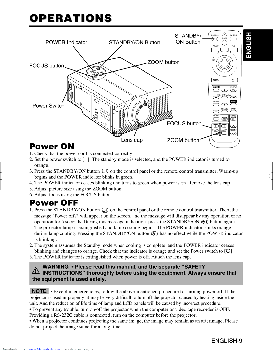 Hitachi CP-X995W user manual Operations, Power on, Power OFF, Standby, Equipment is used safely 