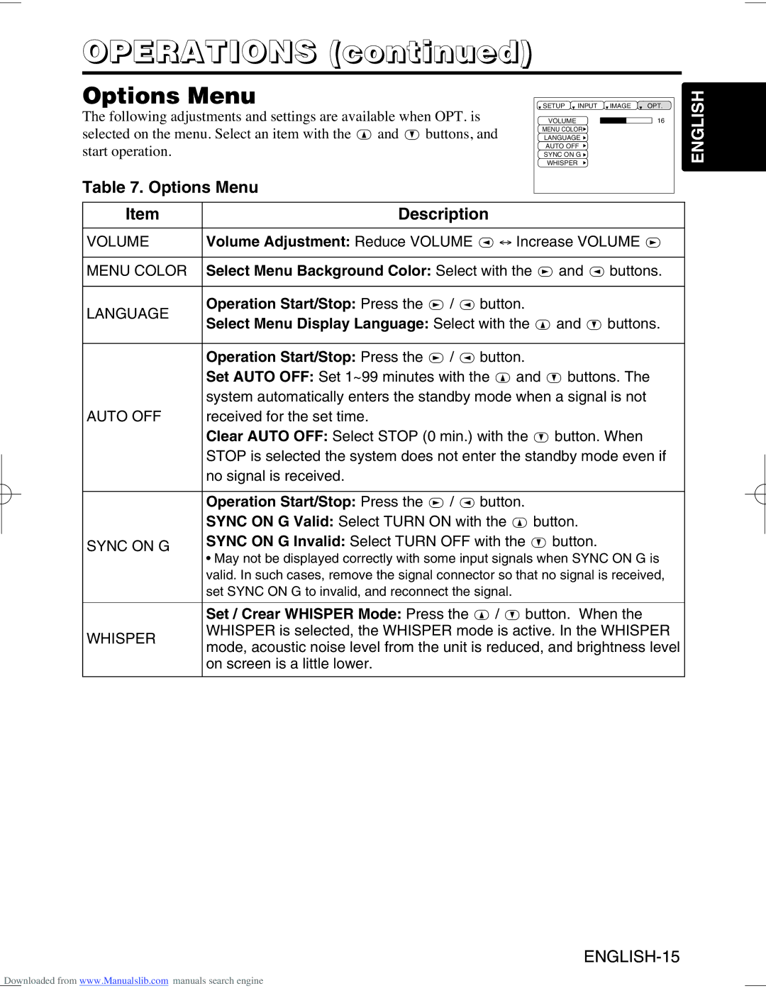 Hitachi CP-X995W user manual Options Menu, Select Menu Background Color Select with, Operation Start/Stop Press 