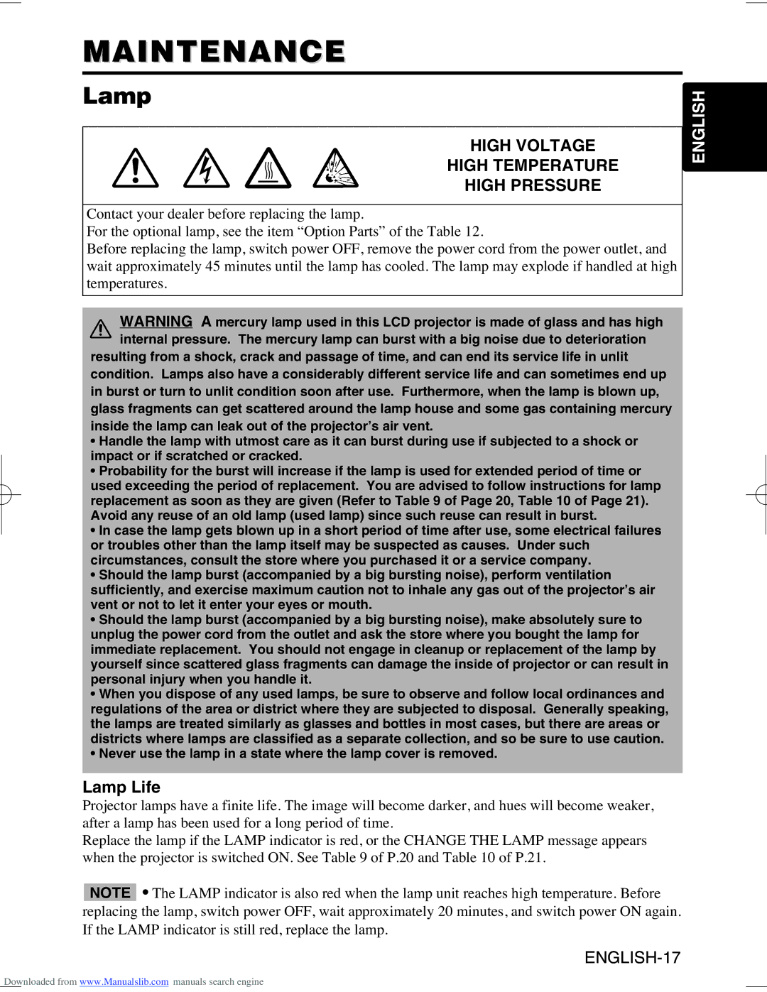 Hitachi CP-X995W user manual Maintenance, Lamp Life 