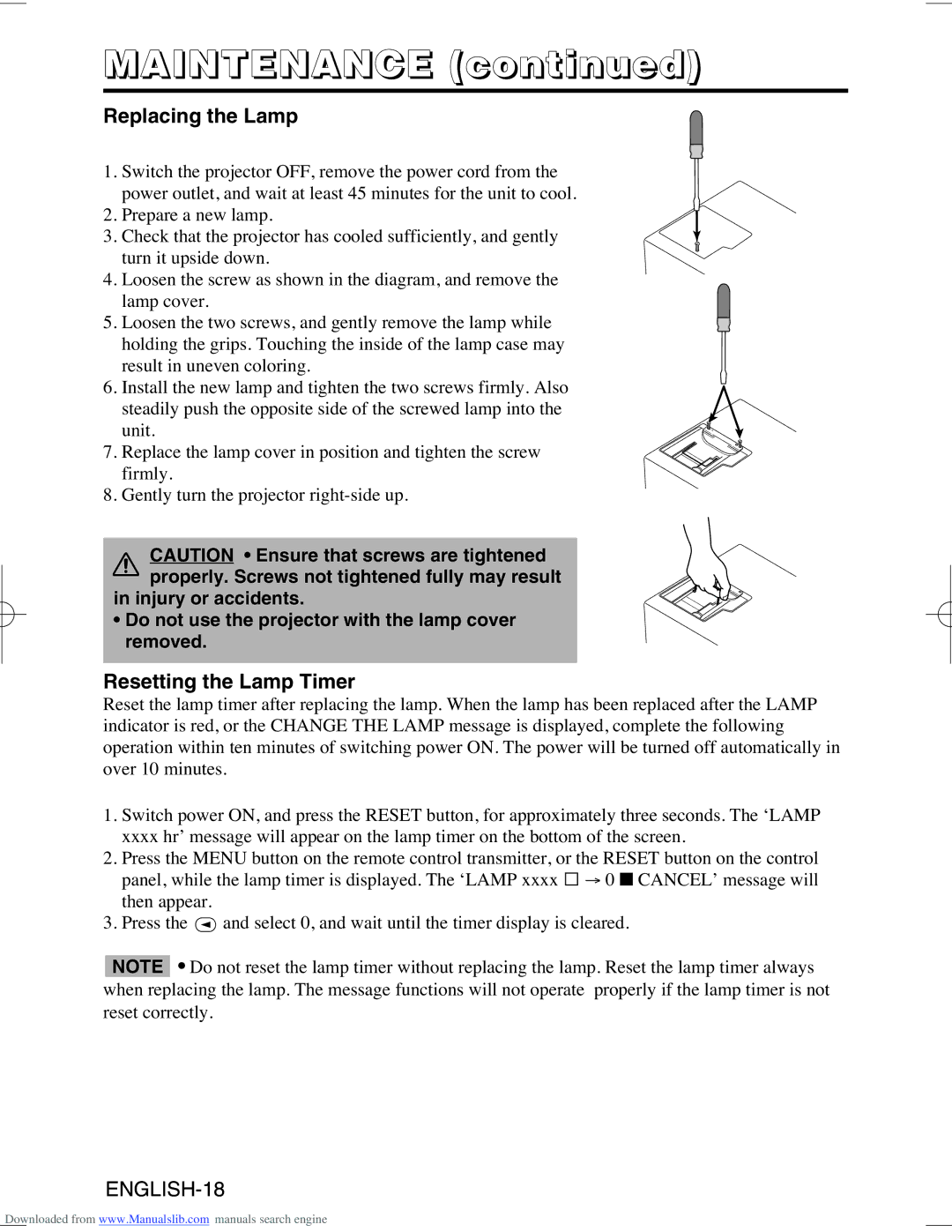 Hitachi CP-X995W user manual Maintenance, Replacing the Lamp, Resetting the Lamp Timer 