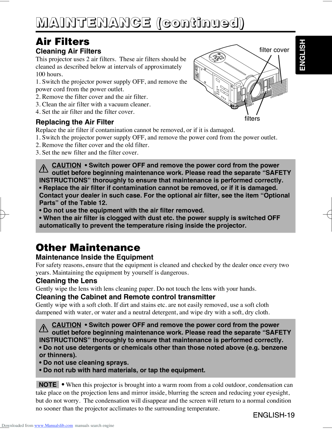 Hitachi CP-X995W user manual Air Filters, Other Maintenance 