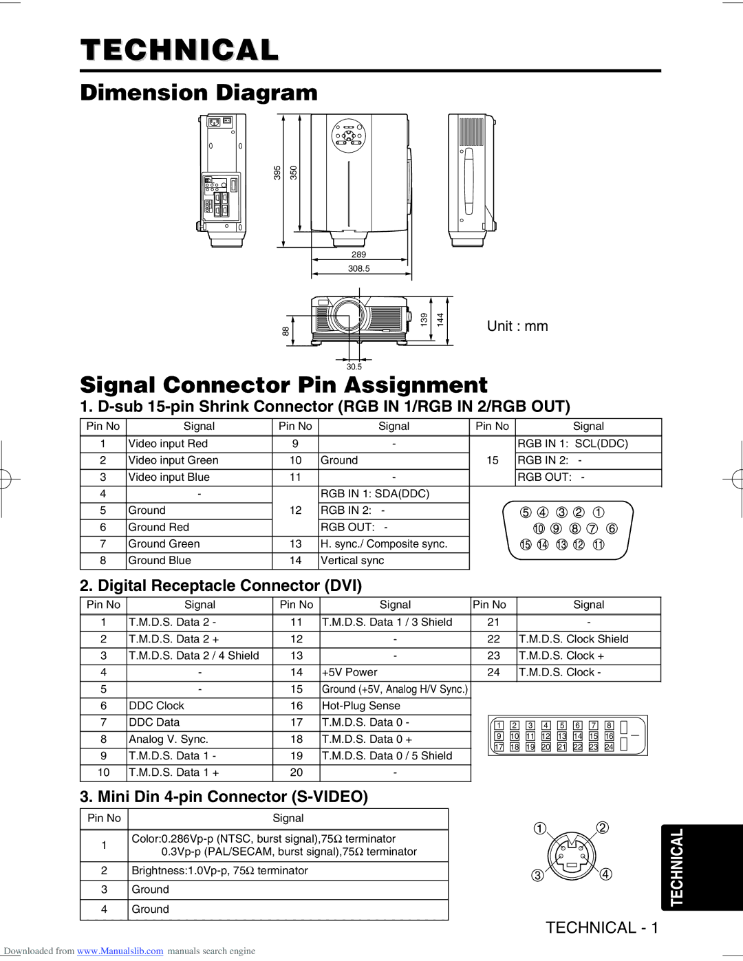 Hitachi CP-X995W user manual Technical, Dimension Diagram, Signal Connector Pin Assignment 