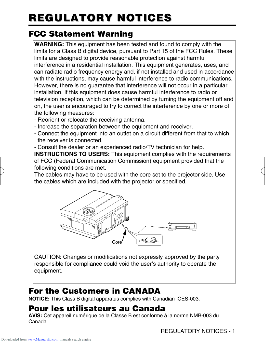 Hitachi CP-X995W Regulatory Notices, FCC Statement Warning, For the Customers in Canada Pour les utilisateurs au Canada 