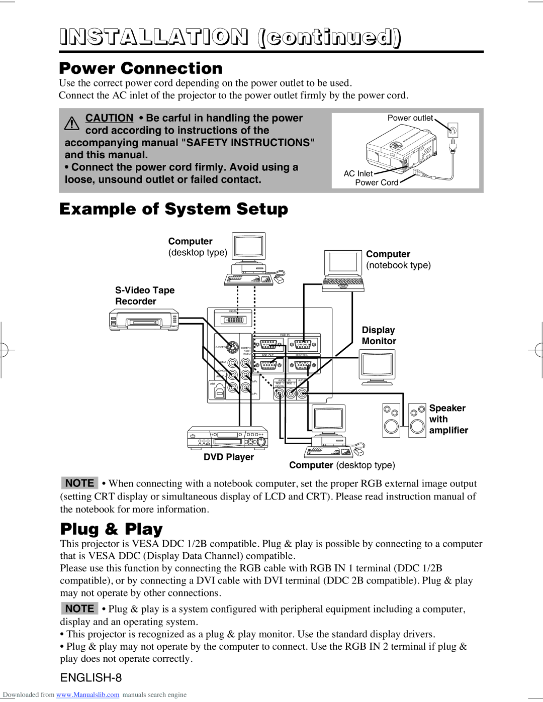 Hitachi CP-X995W user manual Power Connection, Example of System Setup, Plug & Play 