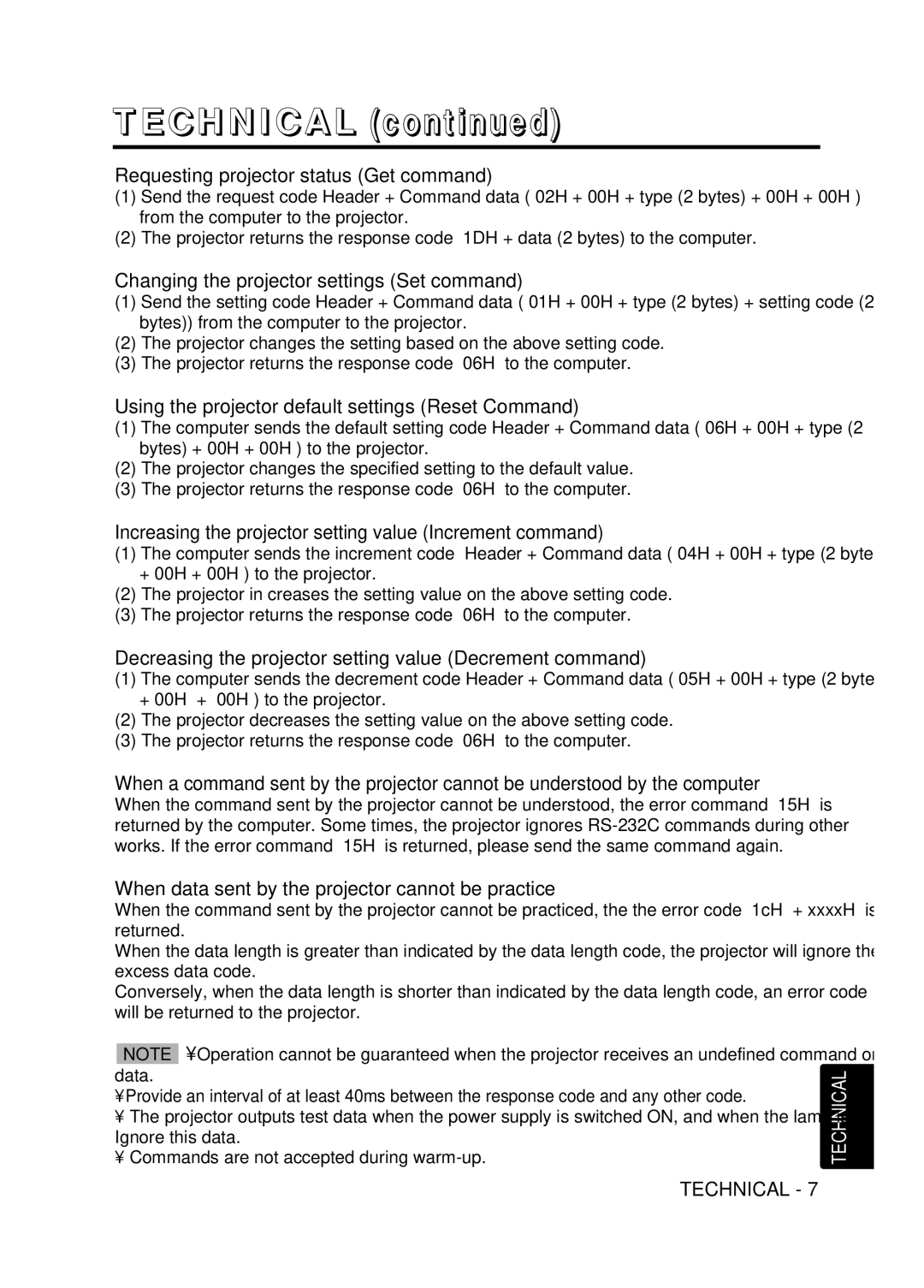 Hitachi CP-X995W user manual Requesting projector status Get command, Changing the projector settings Set command 