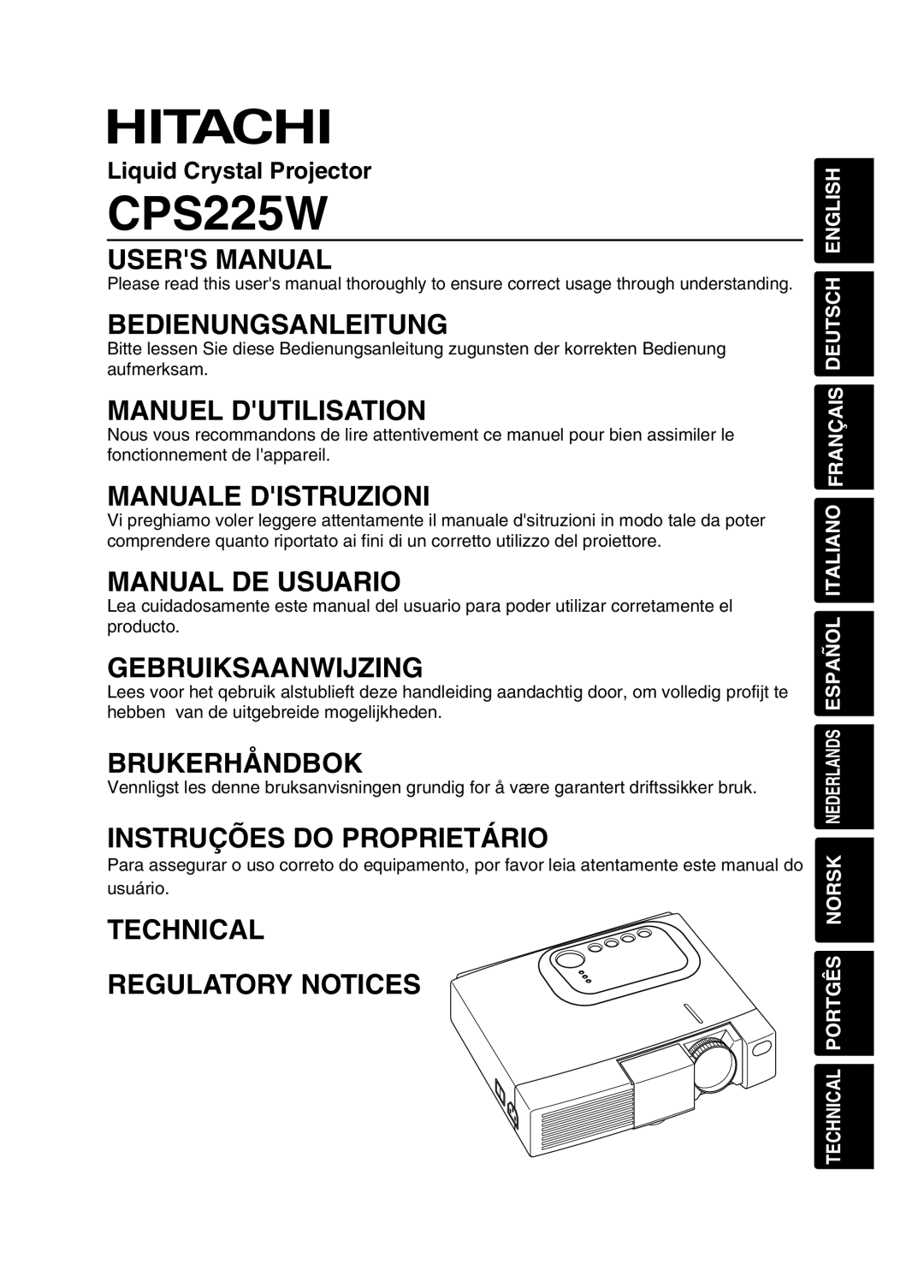 Hitachi CPS225W user manual Bedienungsanleitung, Manuel Dutilisation, Manuale Distruzioni, Manual De Usuario 