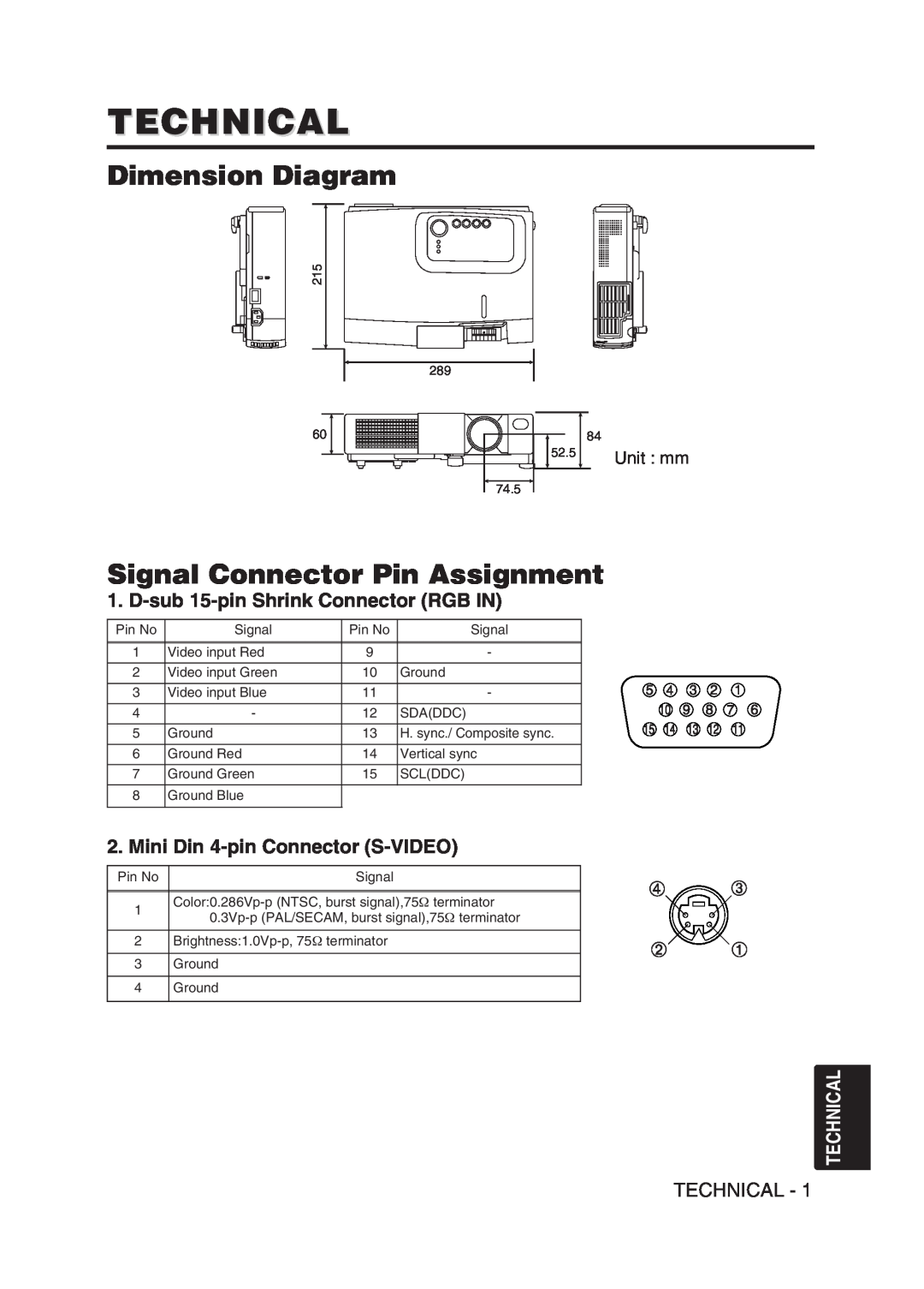 Hitachi CPS225W Technical, Dimension Diagram, Signal Connector Pin Assignment, D-sub 15-pin Shrink Connector RGB IN 