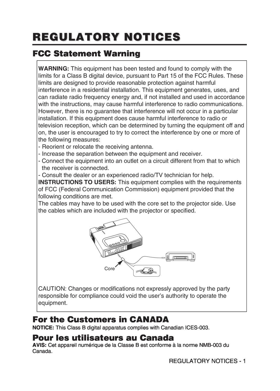 Hitachi CPS225W Regulatory Notices, FCC Statement Warning, For the Customers in CANADA, Pour les utilisateurs au Canada 