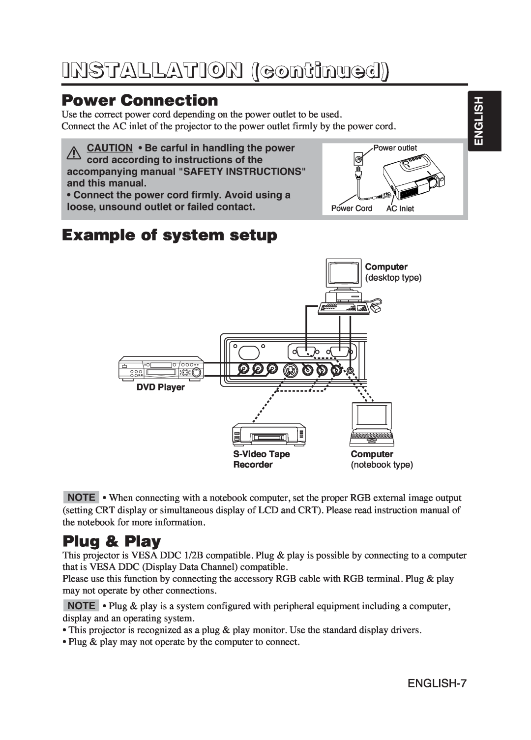 Hitachi CPS225W user manual Power Connection, Example of system setup, Plug & Play, INSTALLATION continued, English 