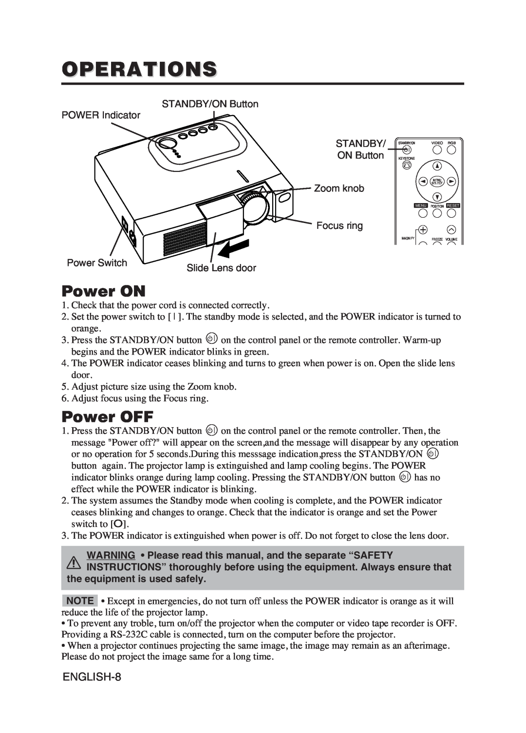 Hitachi CPS225W user manual Operations, Power ON, Power OFF, the equipment is used safely 