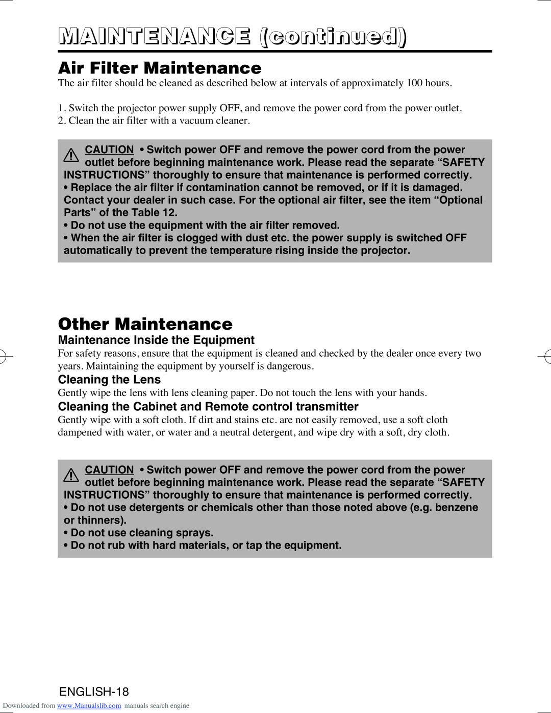 Hitachi CPS225W user manual Air Filter Maintenance, Other Maintenance, Maintenance Inside the Equipment, Cleaning the Lens 