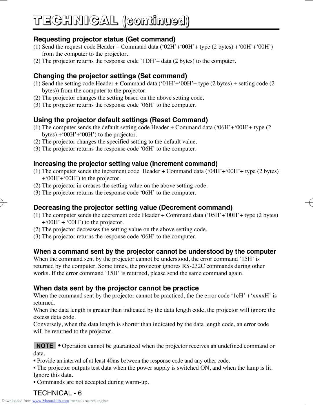 Hitachi CPS225W user manual Requesting projector status Get command, Changing the projector settings Set command 