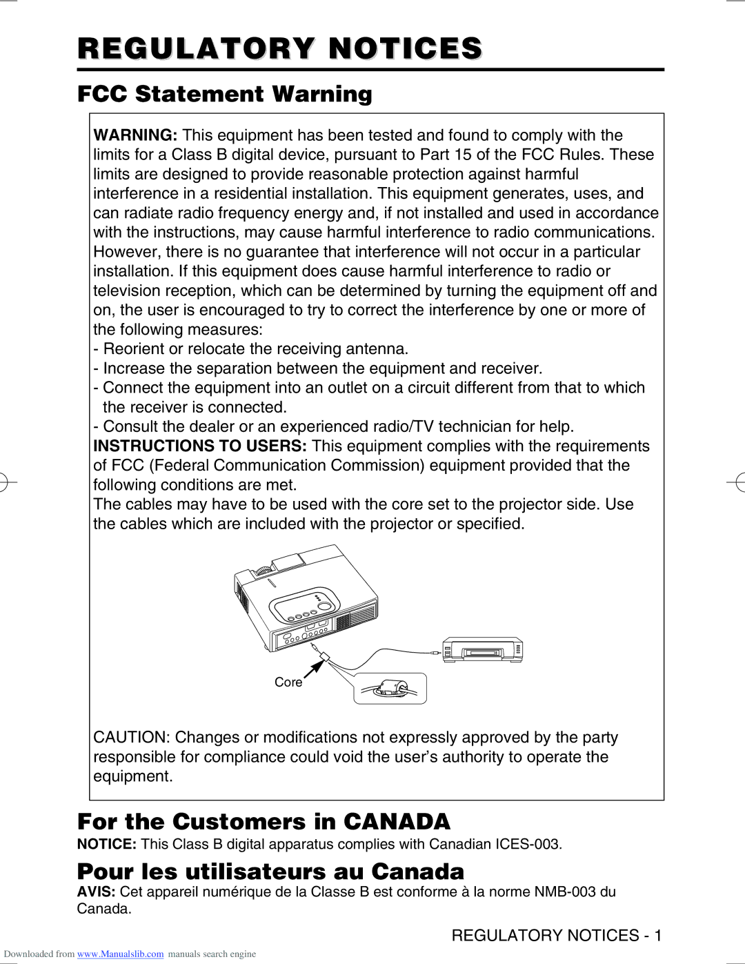 Hitachi CPS225W Regulatory Notices, FCC Statement Warning, For the Customers in Canada Pour les utilisateurs au Canada 