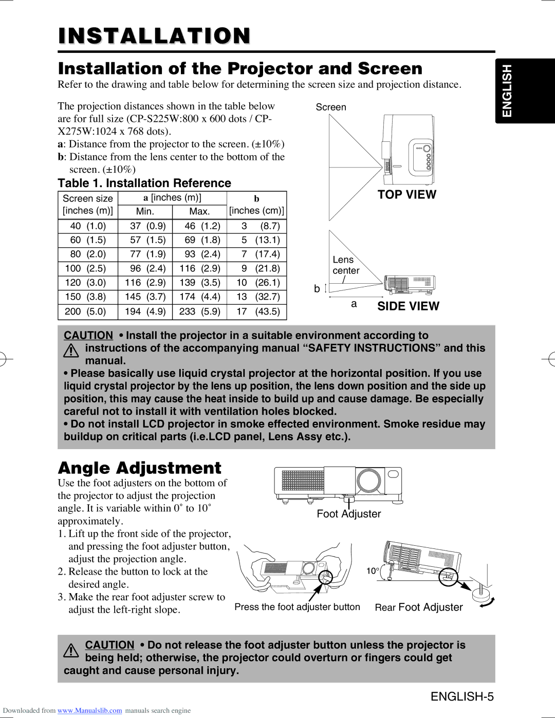 Hitachi CPS225W Installation of the Projector and Screen, Angle Adjustment, Installation Reference, Side View 