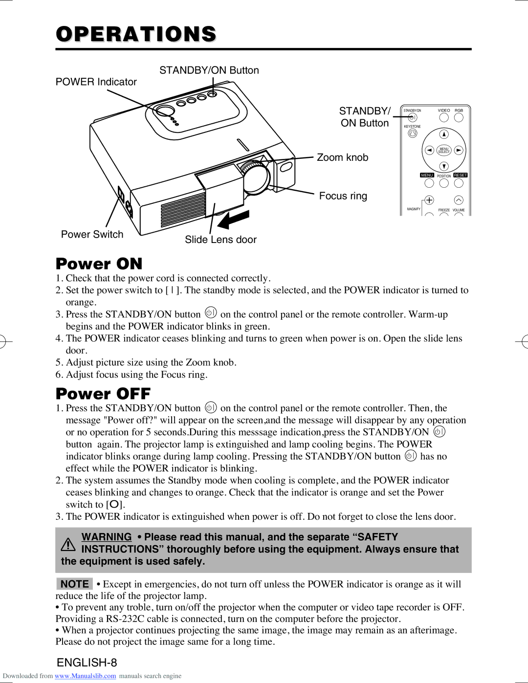 Hitachi CPS225W user manual Operations, Power on, Power OFF, Standby, Equipment is used safely 