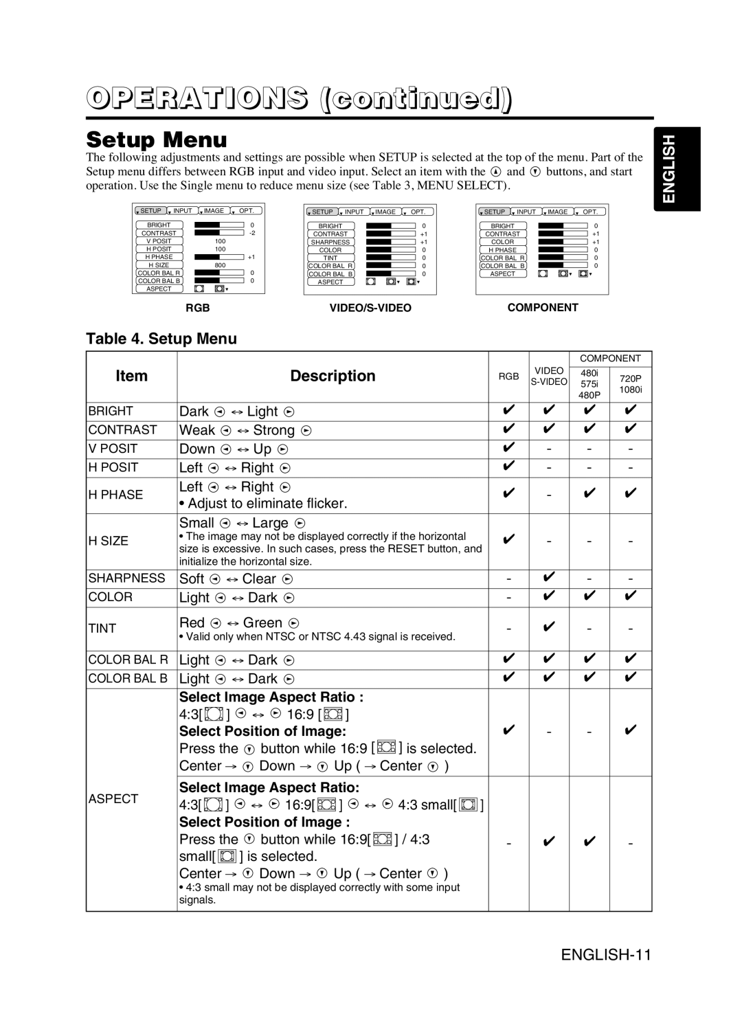 Hitachi CPS225W user manual Setup Menu, Select Image Aspect Ratio, Select Position of Image 