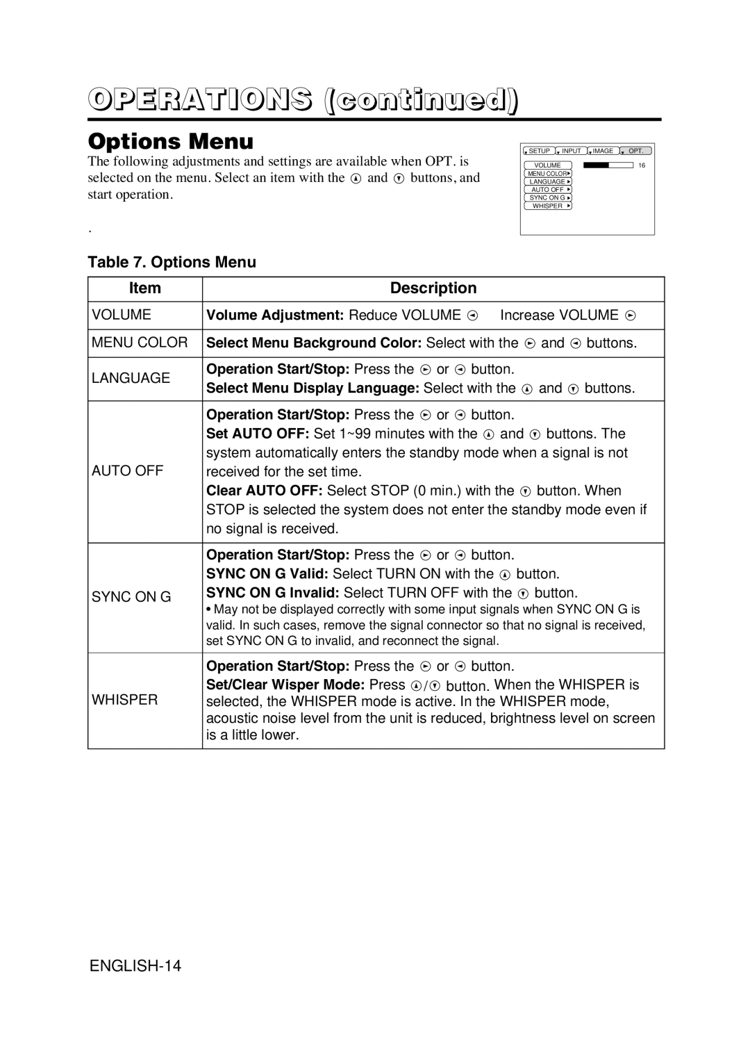 Hitachi CPS225W user manual Options Menu Description, Select Menu Background Color Select with 