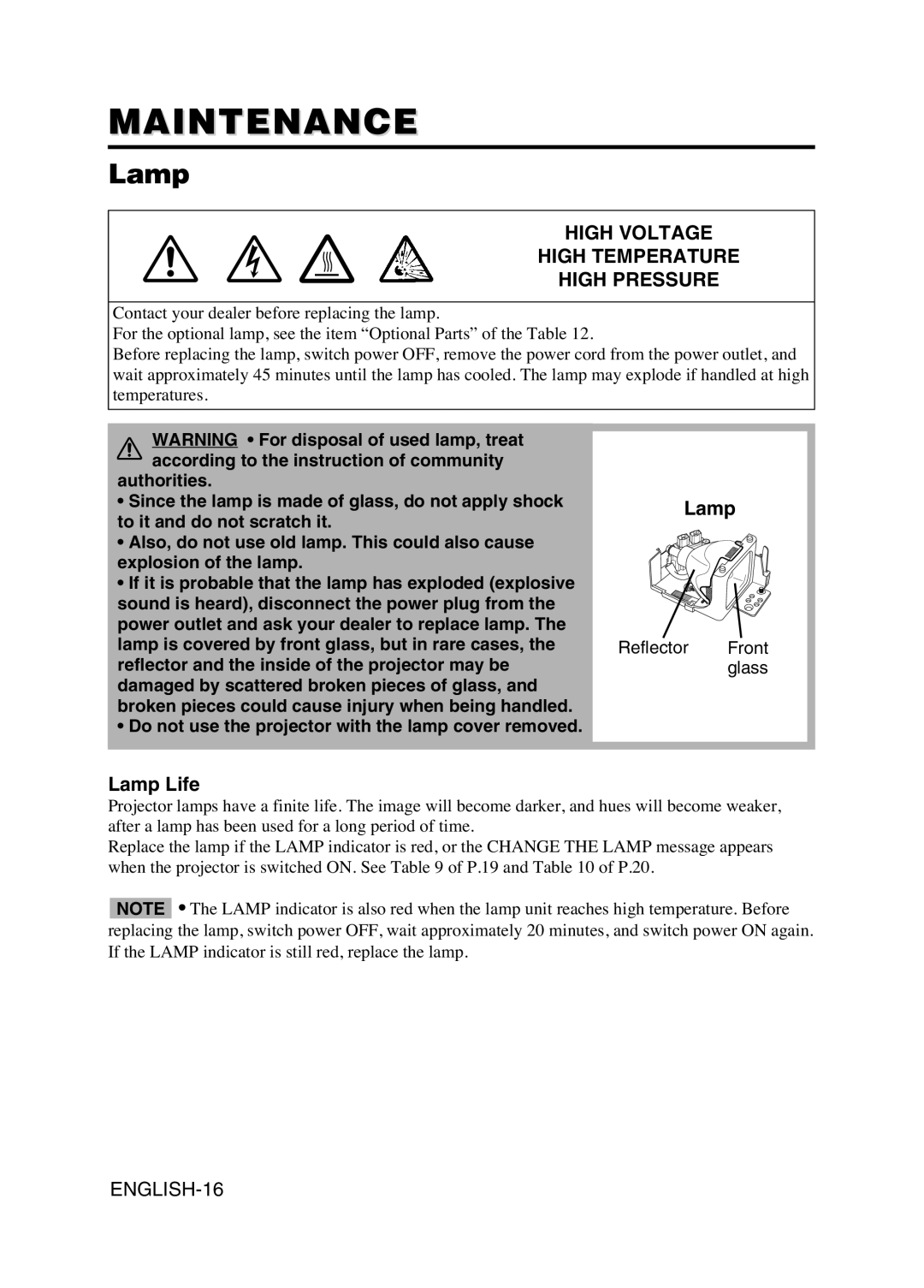 Hitachi CPS225W user manual Maintenance, Lamp Life, Reflector Front glass 