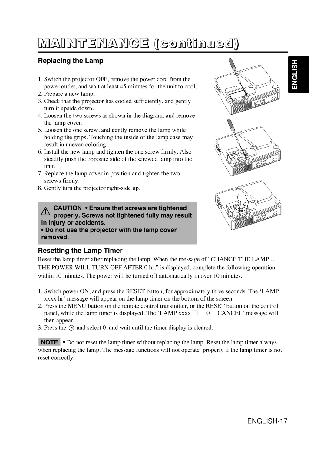 Hitachi CPS225W user manual Maintenance, Replacing the Lamp, Resetting the Lamp Timer 