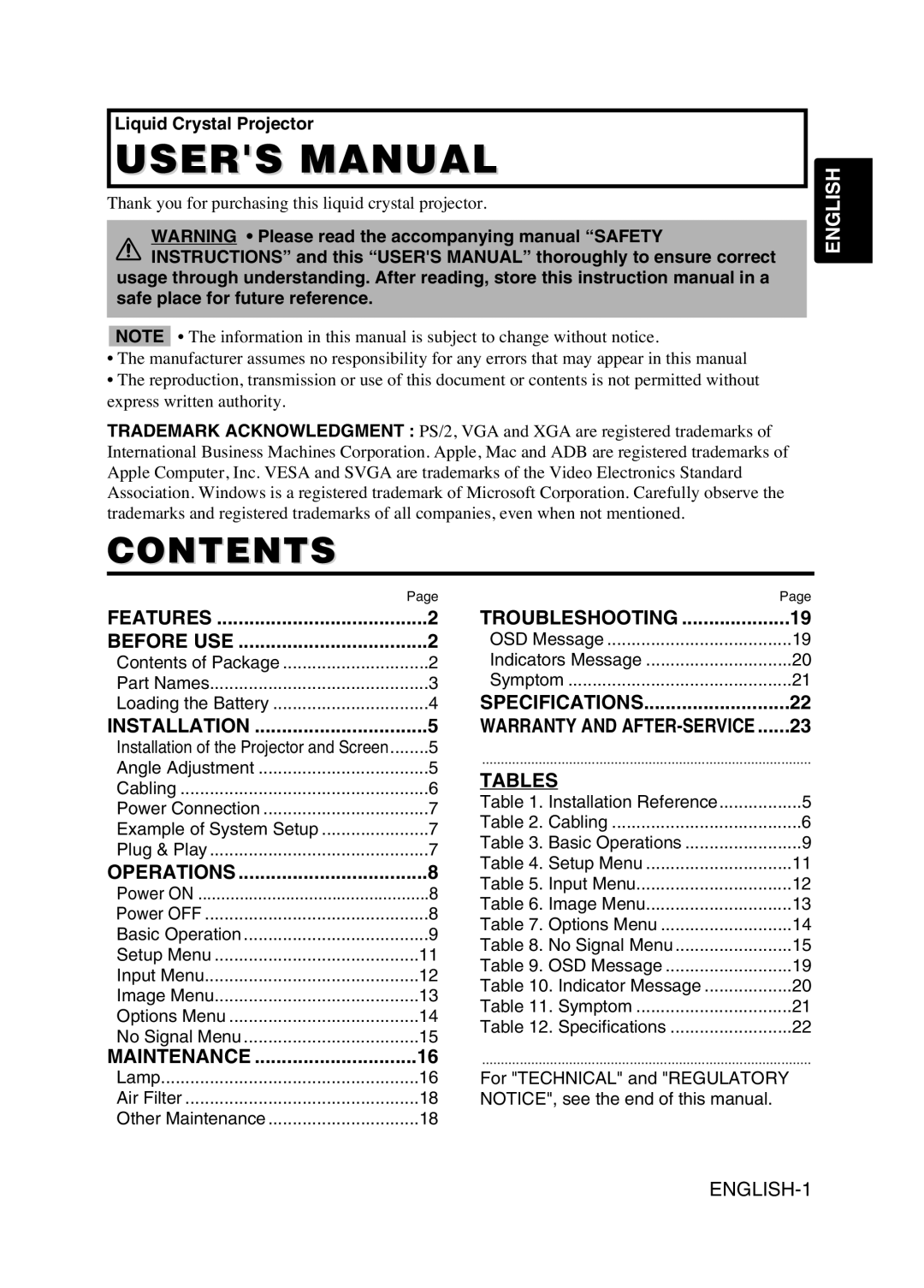 Hitachi CPS225W user manual Contents 