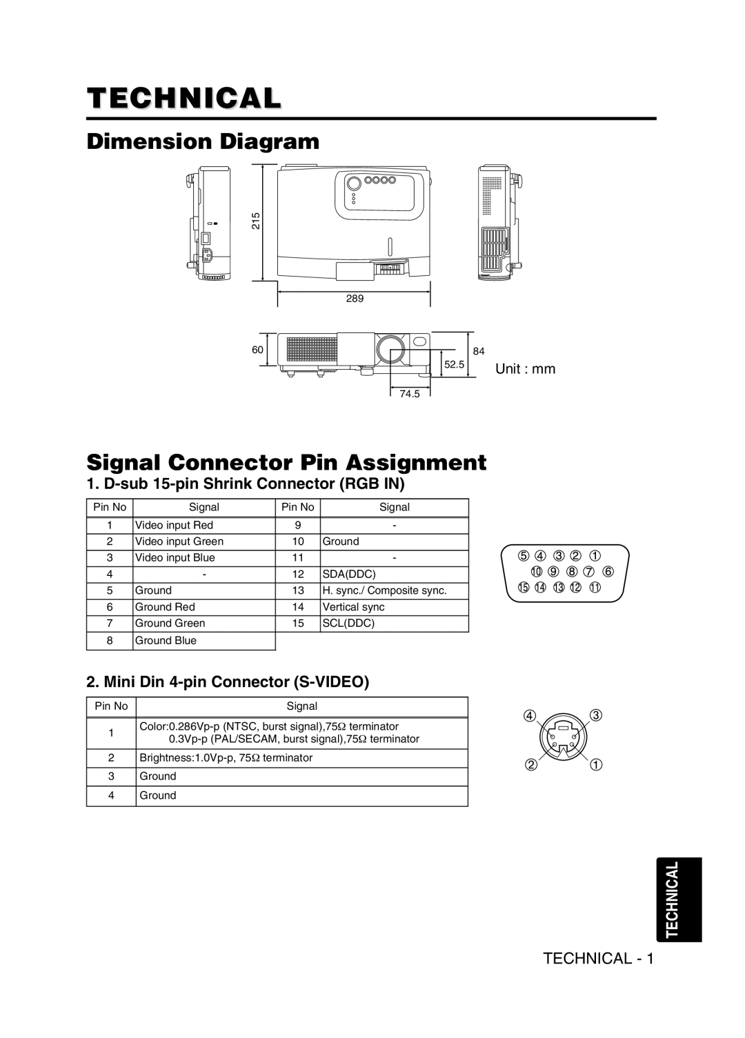 Hitachi CPS225W user manual Technical, Dimension Diagram, Signal Connector Pin Assignment, Sub 15-pin Shrink Connector RGB 