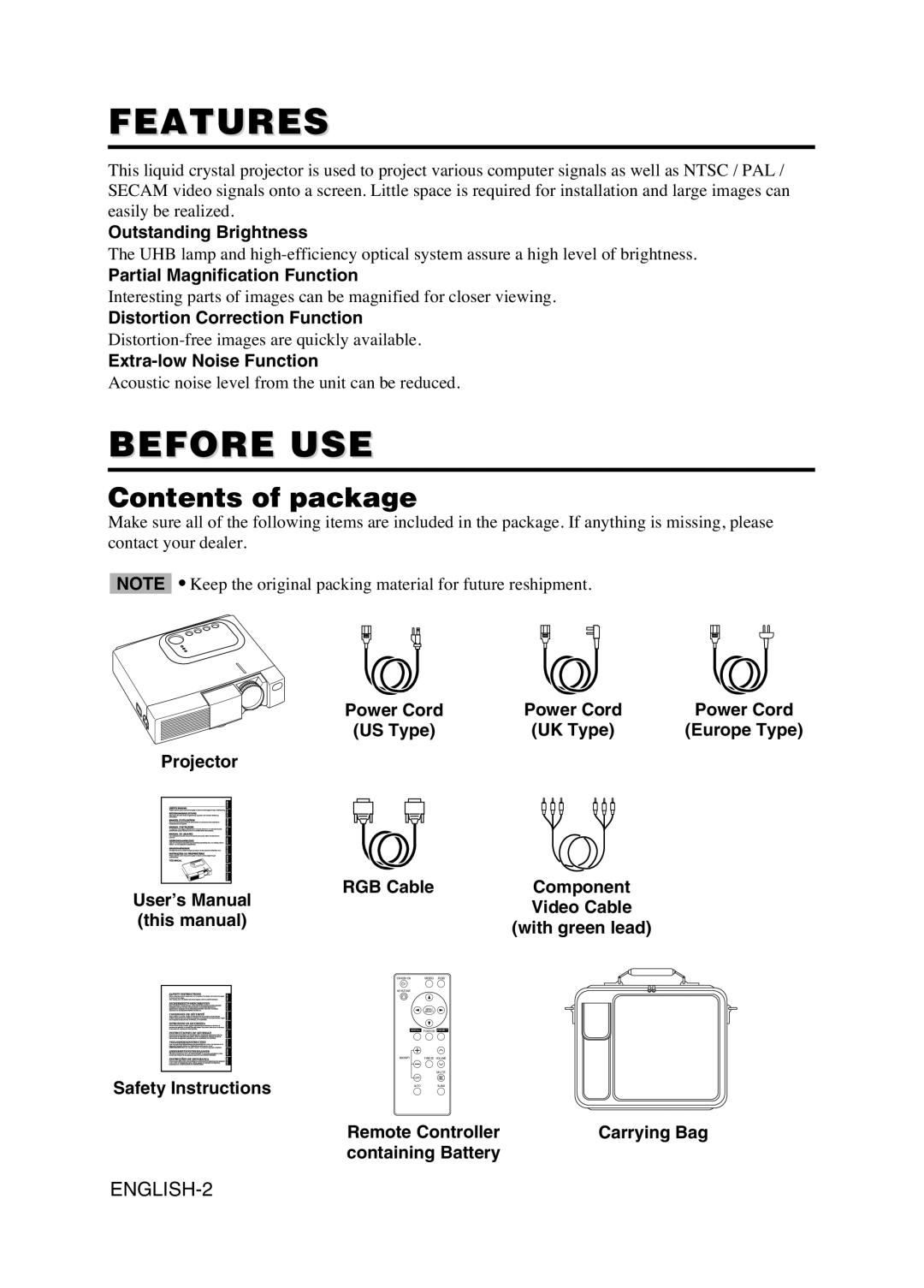 Hitachi CPS225W user manual Features, Before USE, Contents of package 