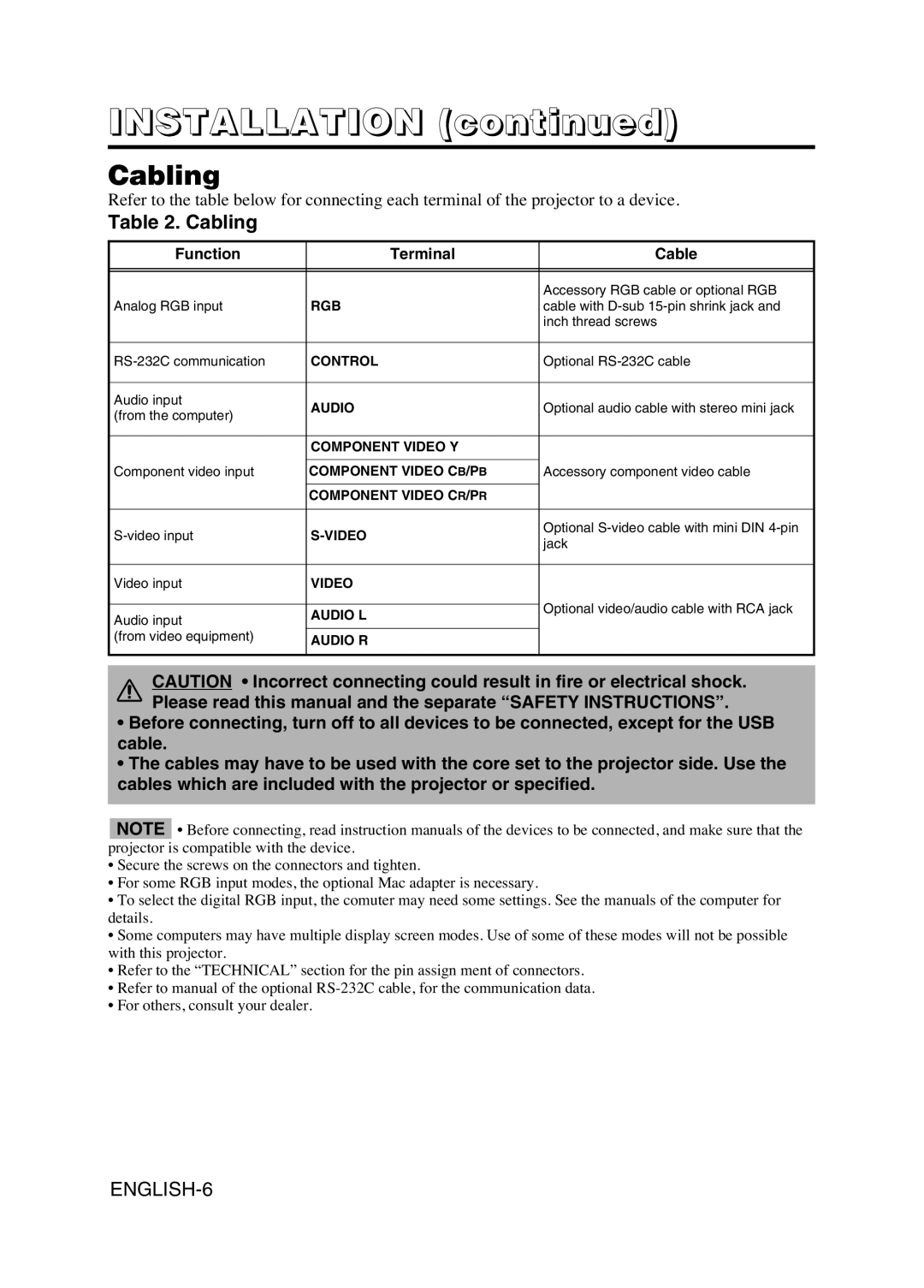 Hitachi CPS225W user manual Installation, Cabling 