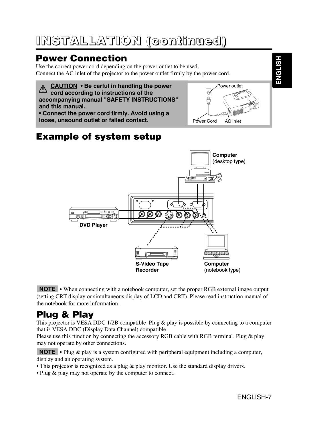 Hitachi CPS225W user manual Power Connection, Example of system setup, Plug & Play 