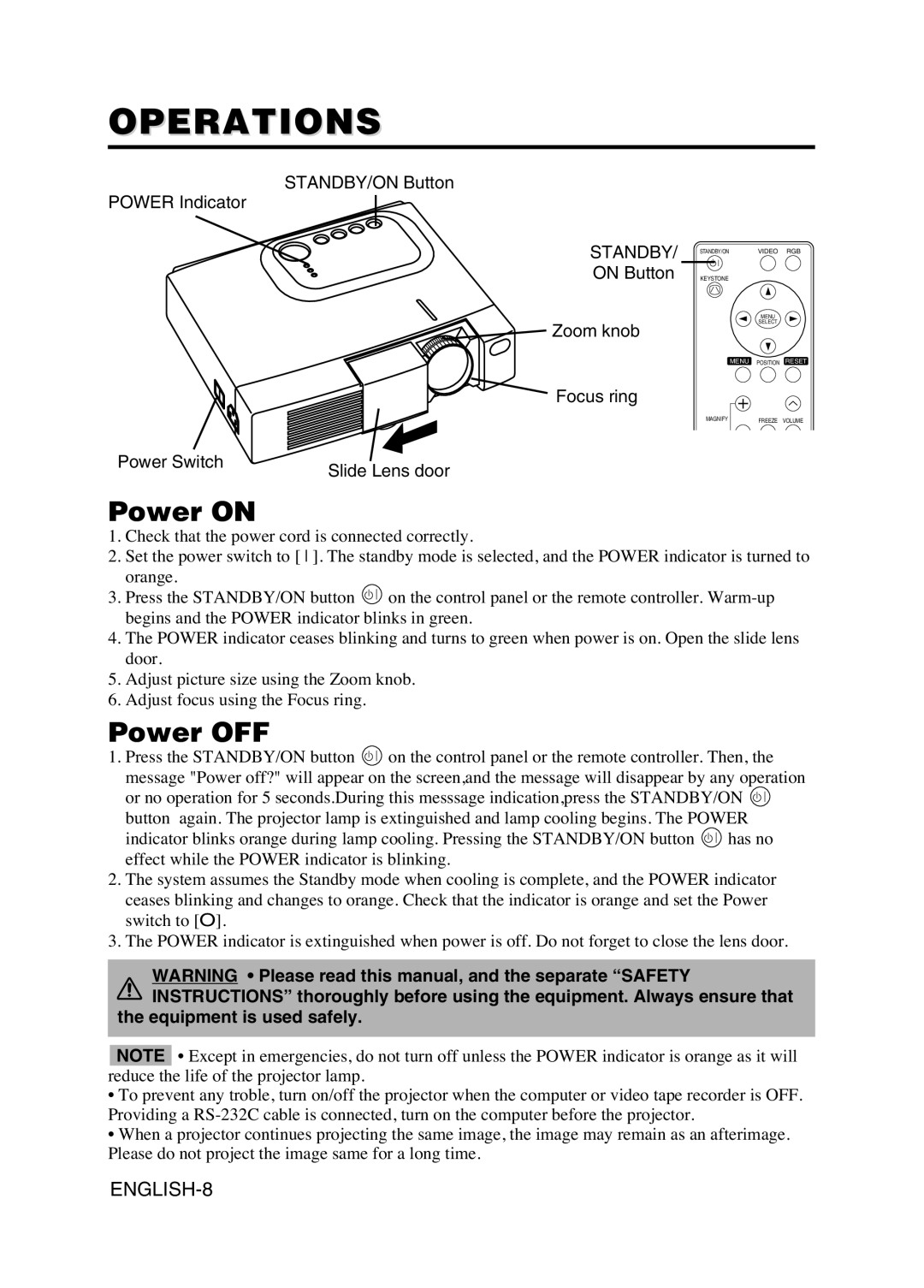 Hitachi CPS225W user manual Operations, Power on, Power OFF, Standby, Equipment is used safely 