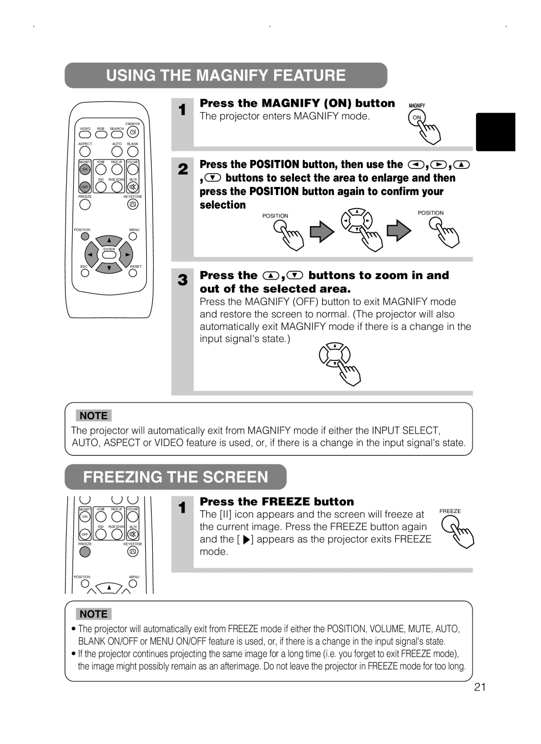 Hitachi CPS318W/CPX328W user manual Using the Magnify Feature, Freezing the Screen 