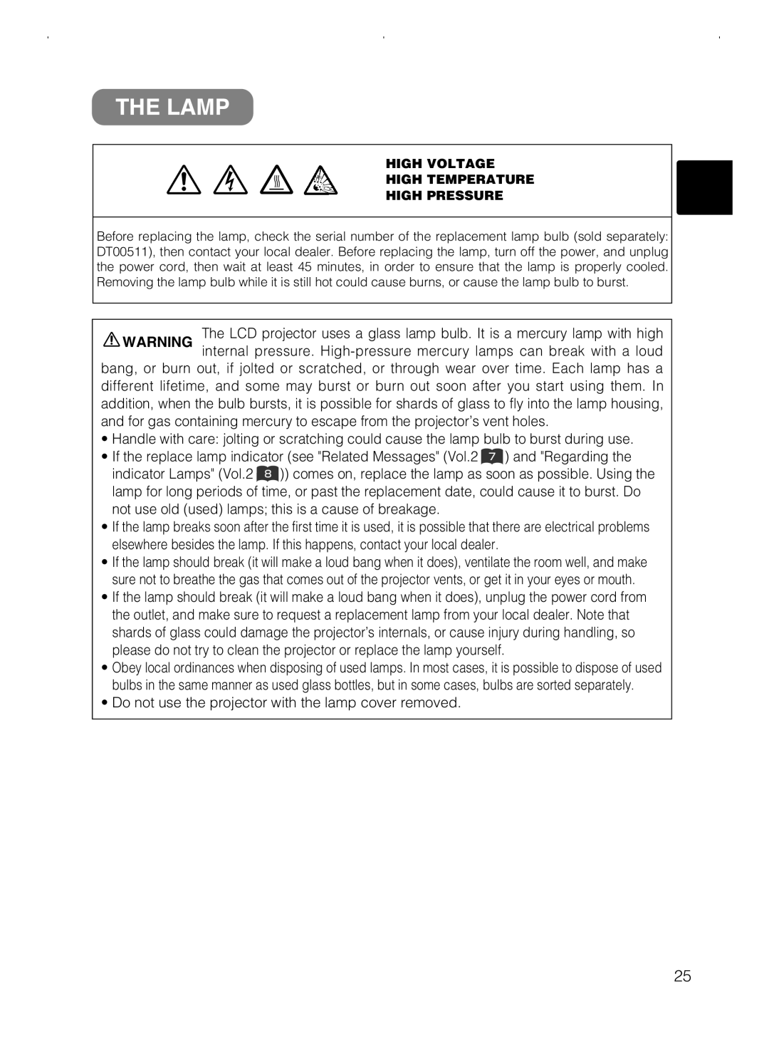 Hitachi CPS318W/CPX328W user manual Lamp, Do not use the projector with the lamp cover removed 