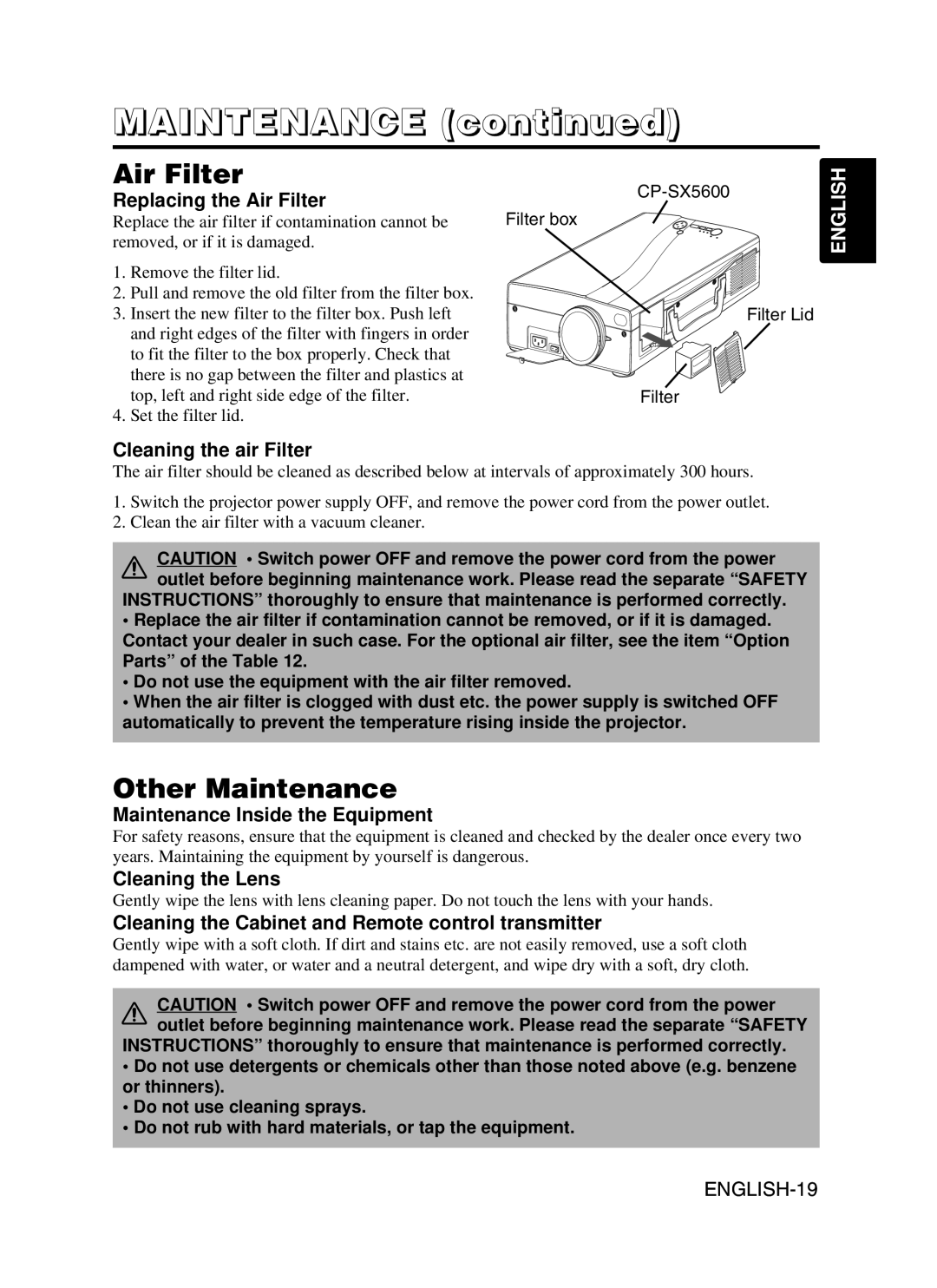 Hitachi CPSX5600W user manual Air Filter, Other Maintenance 