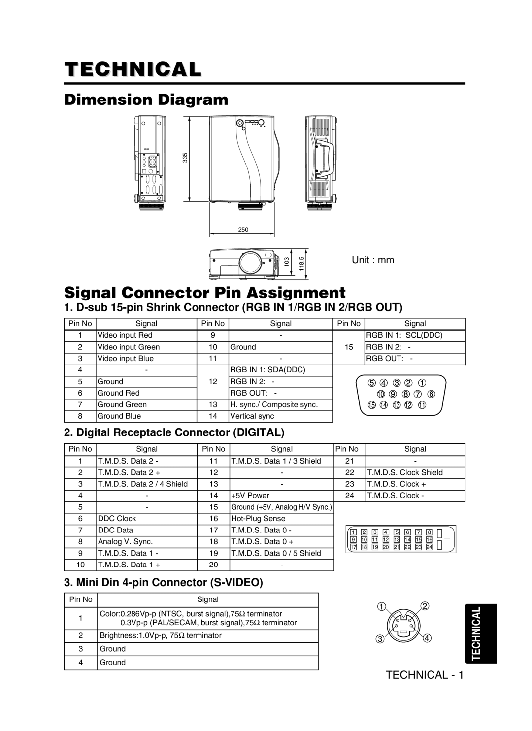 Hitachi CPSX5600W user manual Technical, Dimension Diagram, Signal Connector Pin Assignment 