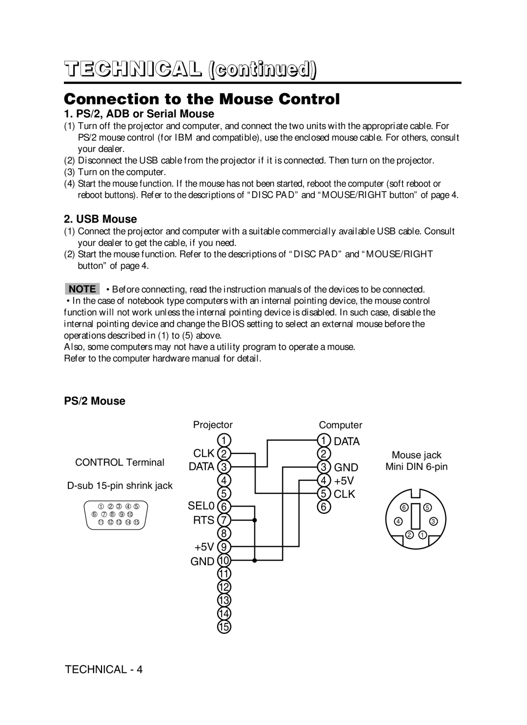 Hitachi CPSX5600W user manual Connection to the Mouse Control, PS/2, ADB or Serial Mouse, USB Mouse, PS/2 Mouse 