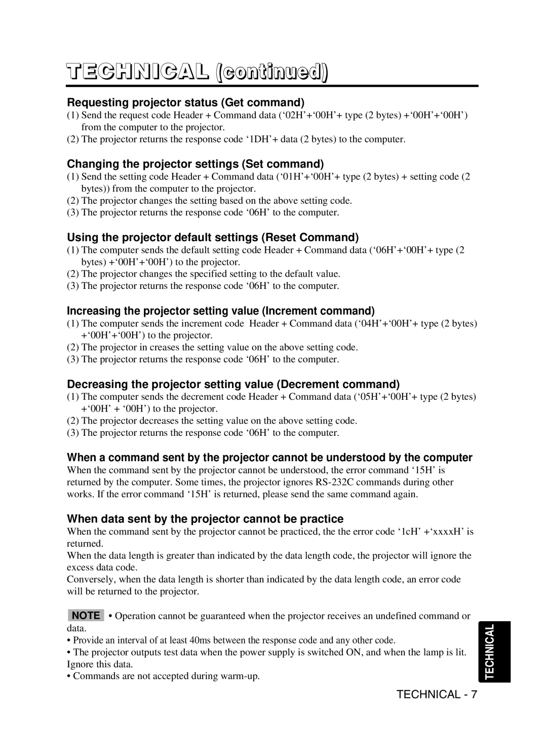 Hitachi CPSX5600W user manual Requesting projector status Get command, Changing the projector settings Set command 