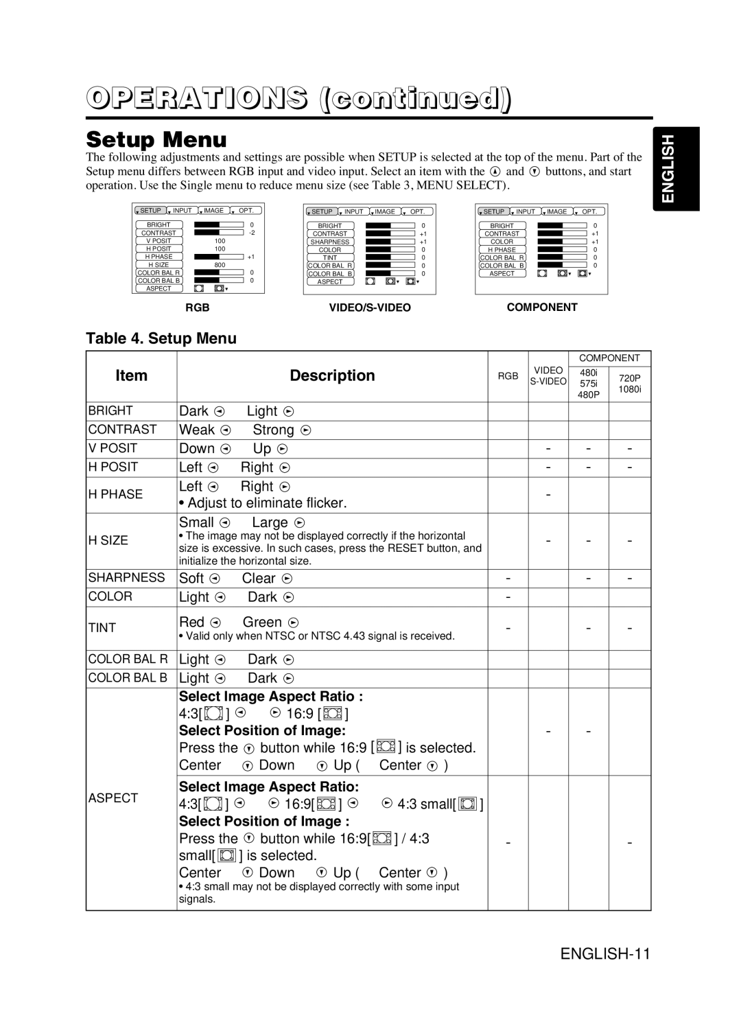 Hitachi CPX275W user manual Setup Menu, Select Image Aspect Ratio, Select Position of Image 