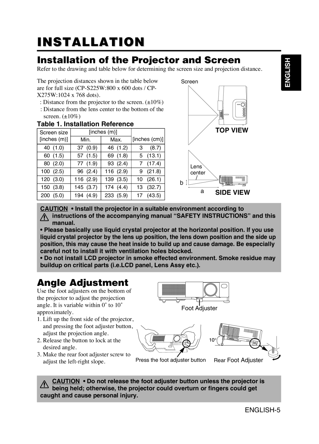 Hitachi CPX275W Installation of the Projector and Screen, Angle Adjustment, Installation Reference, Side View 