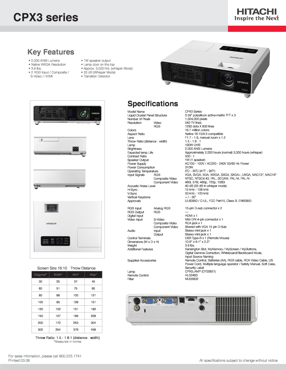 Hitachi specifications CPX3 series, Key Features, Specifications, Screen Size, Throw Distance, Printed, Diagonal, Width 
