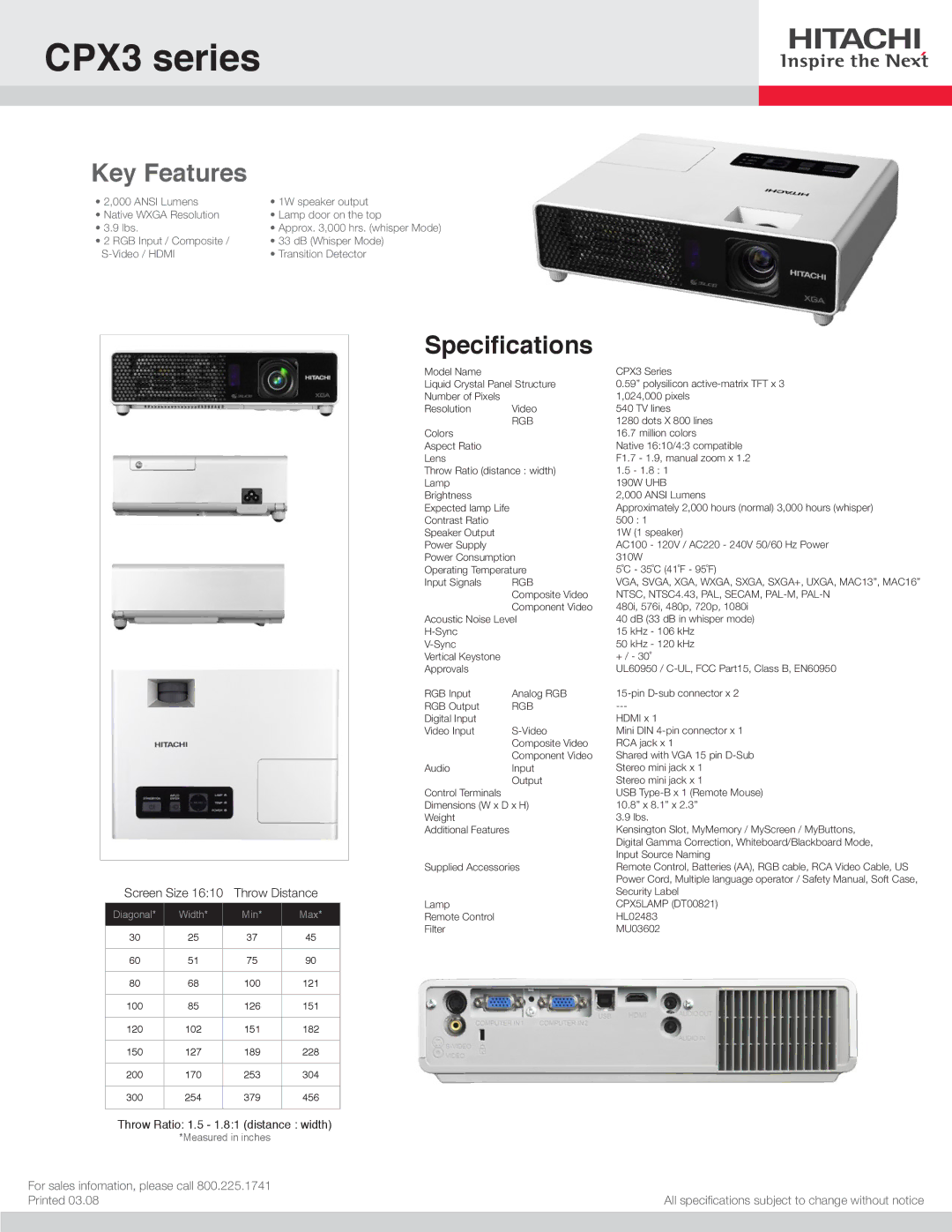 Hitachi specifications CPX3 series, Key Features, Specifications, Rgb, NTSC, NTSC4.43, PAL, SECAM, PAL-M, PAL-N 