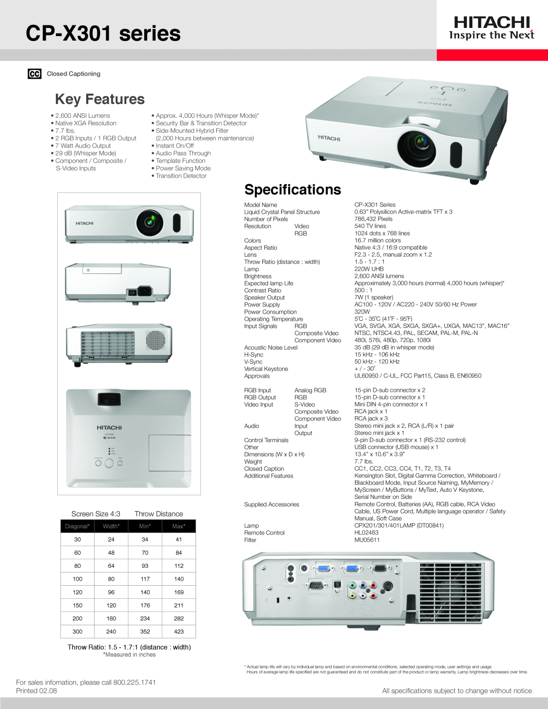 Hitachi CPX301 specifications CP-X301series, Key Features, Specifications, Screen Size, Throw Distance, Printed, Diagonal 