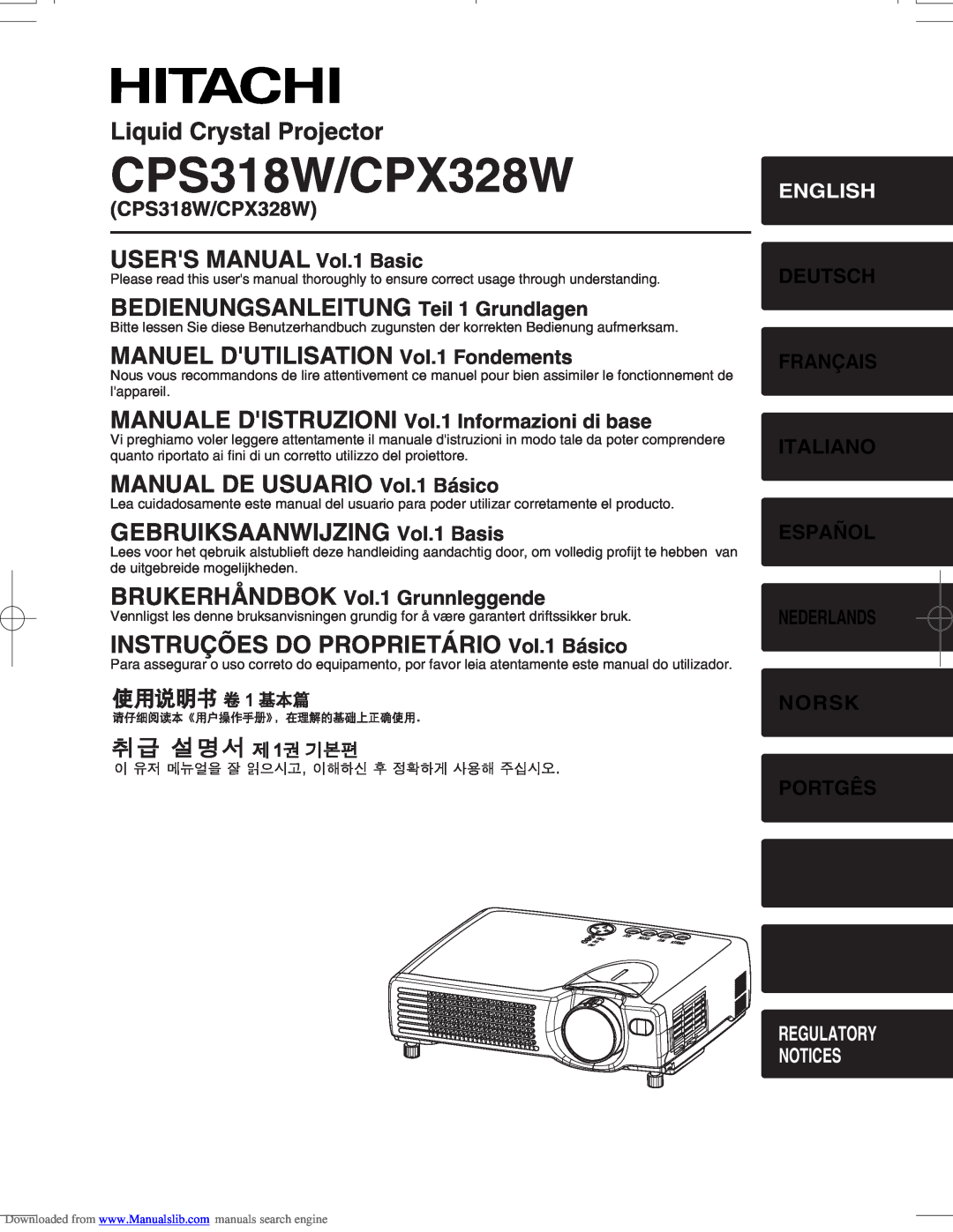 Hitachi user manual CPS318W/CPX328W, MANUALE DISTRUZIONI Vol.1 Informazioni di base, BRUKERHÅNDBOK Vol.1 Grunnleggende 