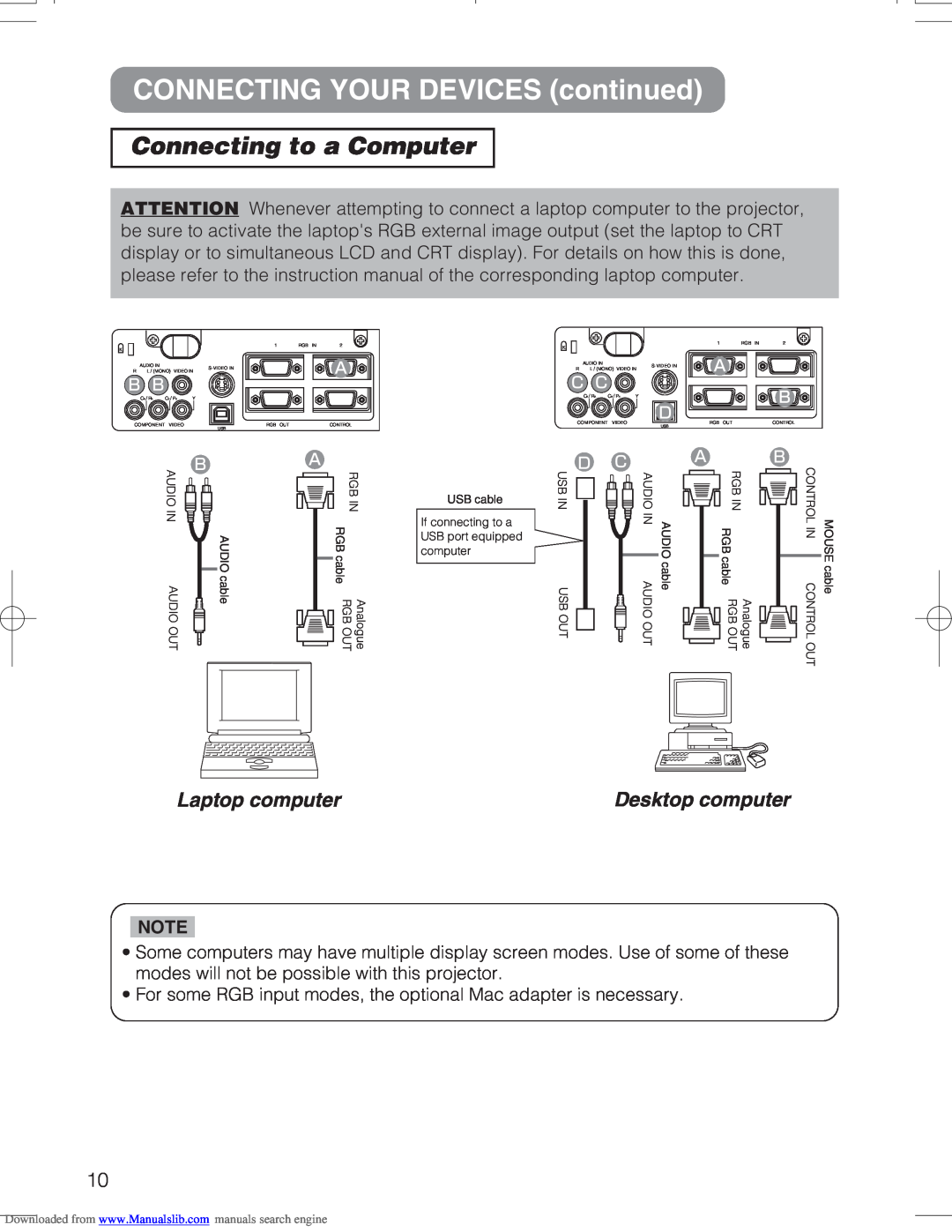 Hitachi CPX328W user manual CONNECTING YOUR DEVICES continued, Connecting to a Computer, Laptop computer, Desktop computer 