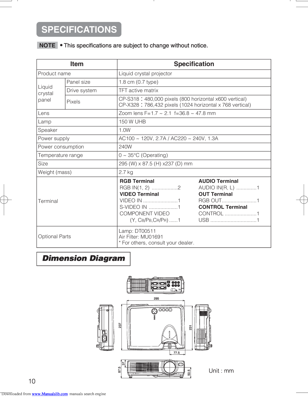 Hitachi CPX328W user manual Specifications, Dimension Diagram, RGB Terminal, AUDIO Terminal, VIDEO Terminal, OUT Terminal 