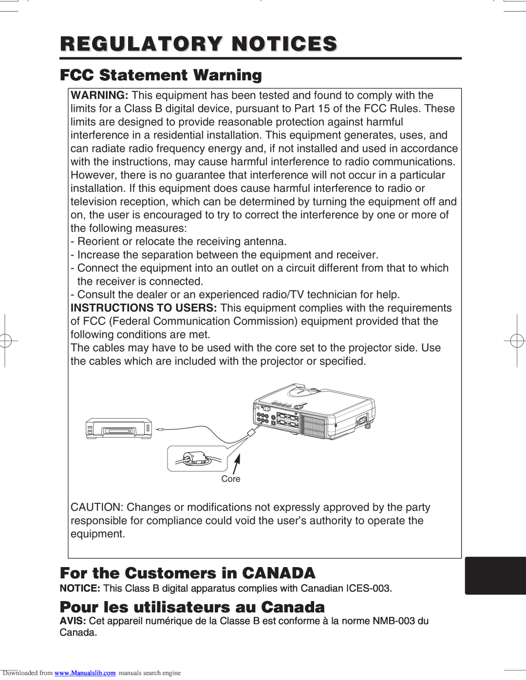 Hitachi CPX328W Regulatory Notices, FCC Statement Warning, For the Customers in CANADA, Pour les utilisateurs au Canada 