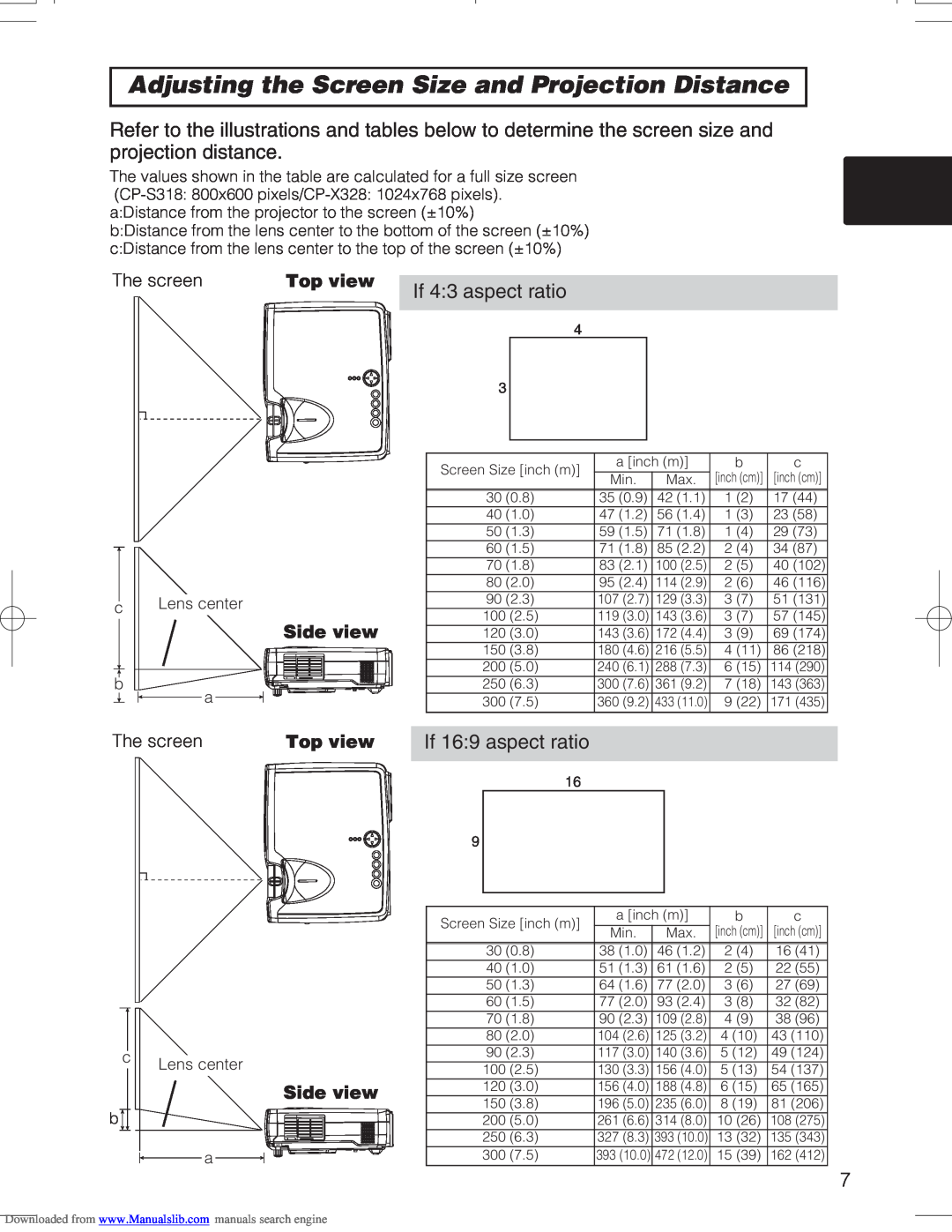Hitachi CPX328W user manual Adjusting the Screen Size and Projection Distance, If 43 aspect ratio, If 169 aspect ratio 