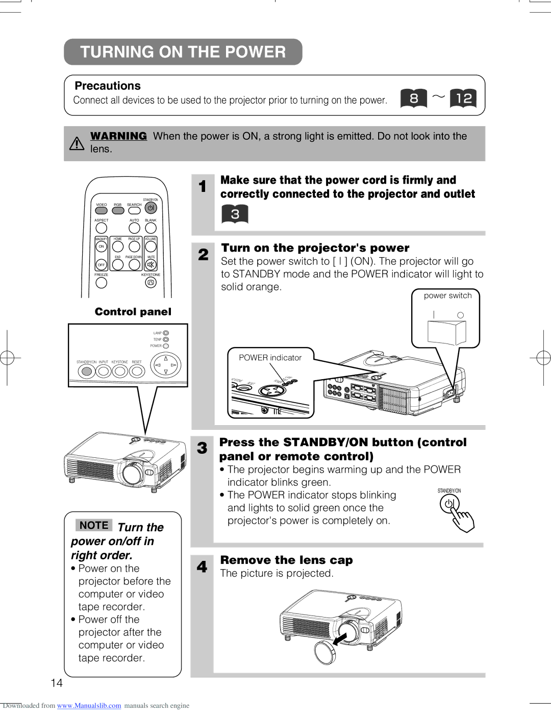 Hitachi CPX328W user manual Turning on the Power 