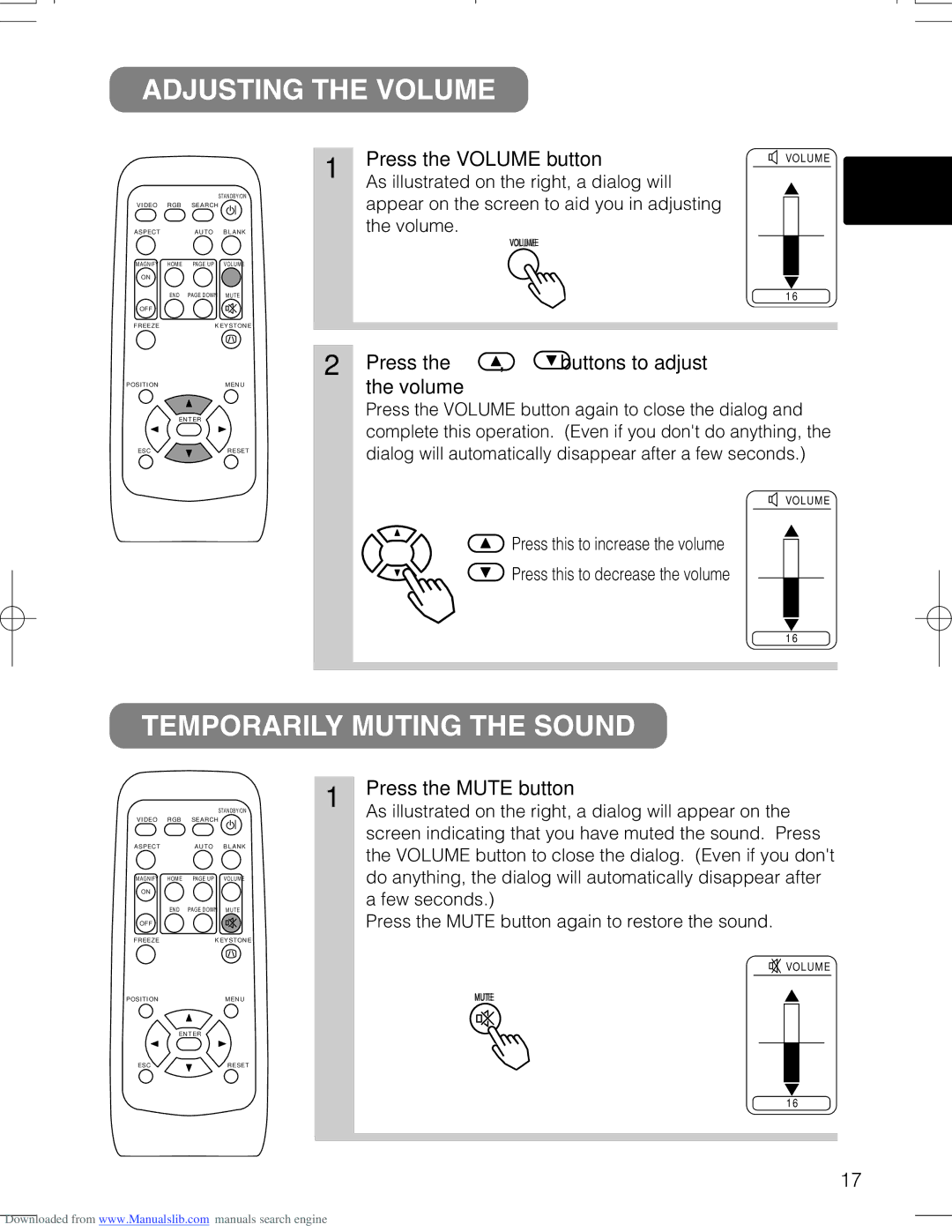 Hitachi CPX328W Adjusting the Volume, Temporarily Muting the Sound, Press the Volume button, Press the Mute button 